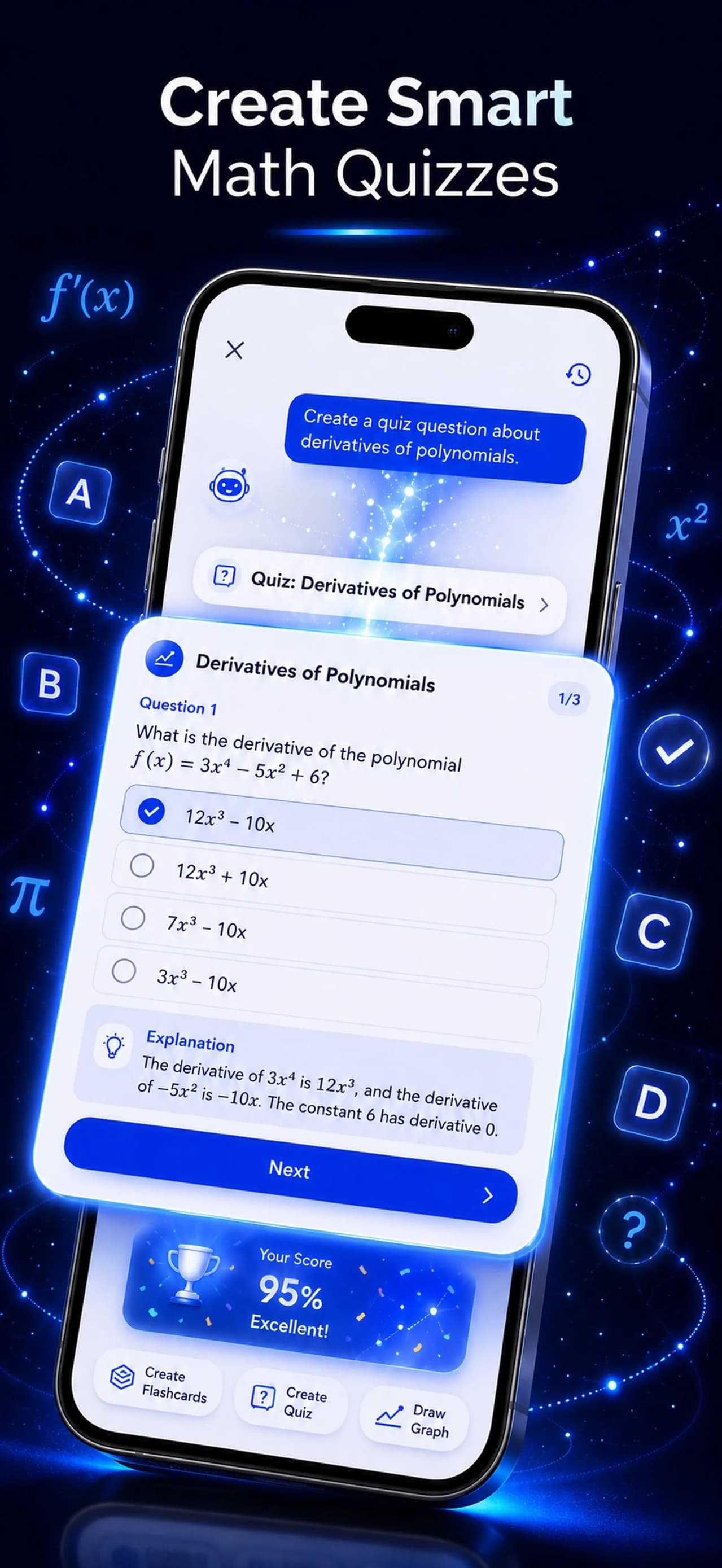 Eqora App Store screen showing a generated derivatives quiz