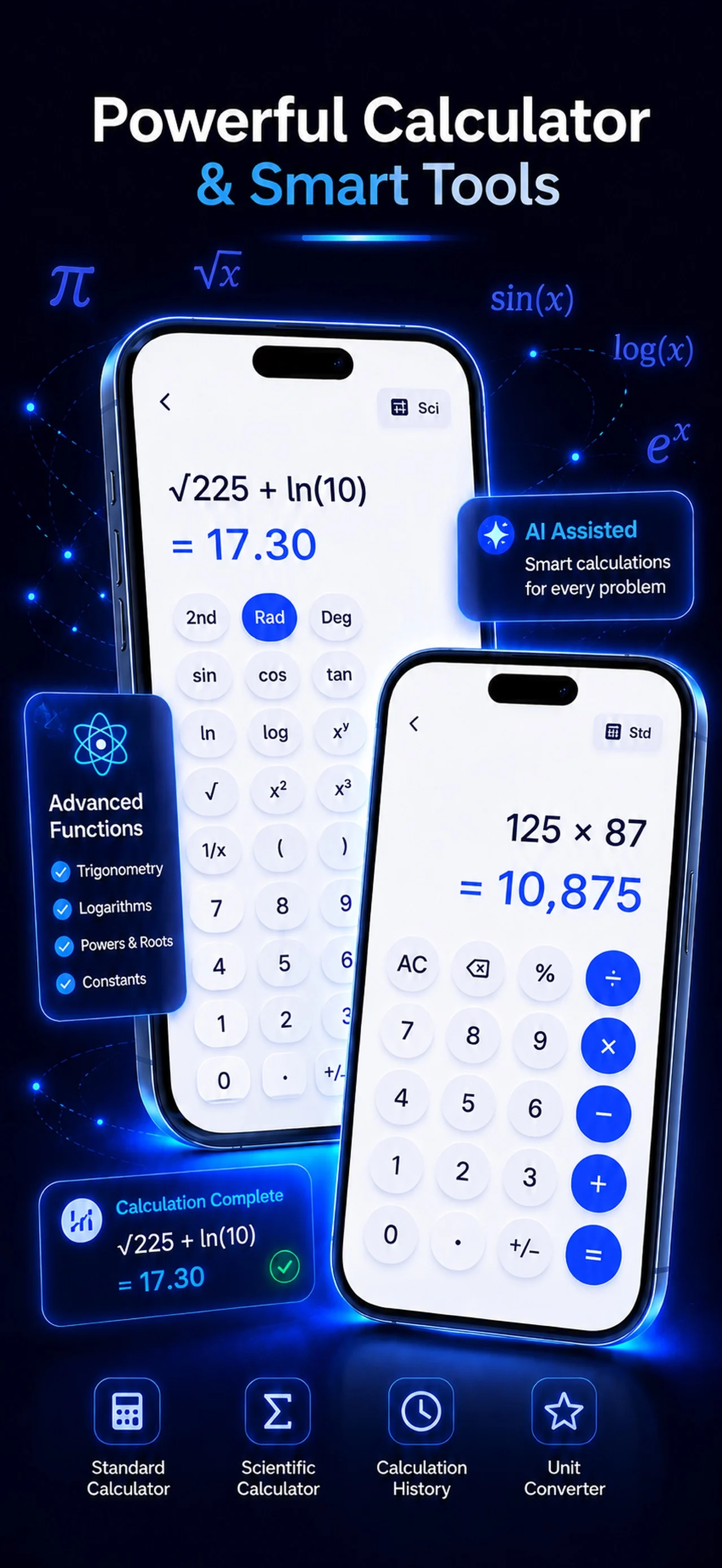 Eqora App Store screen showing standard and scientific calculators