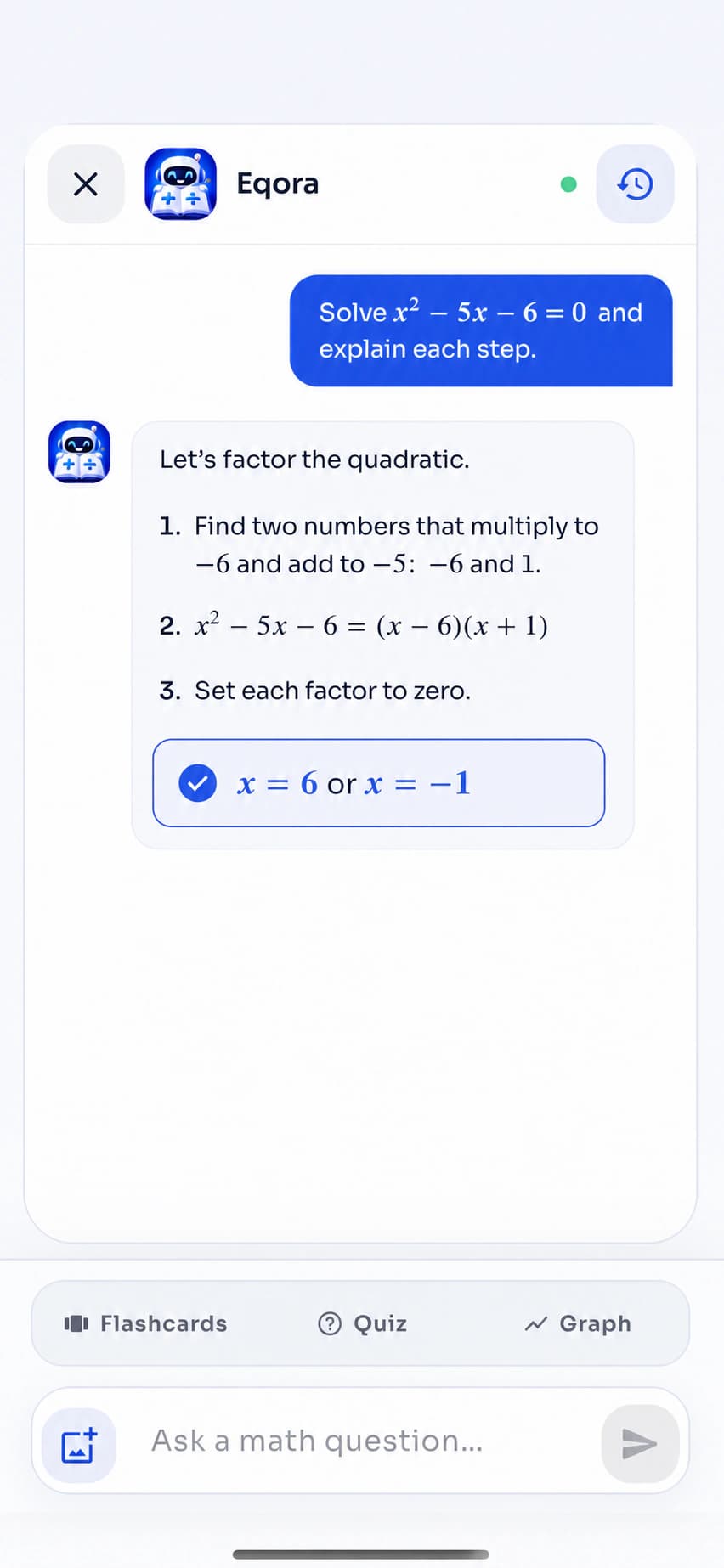 Eqora AI math tutor explaining how to solve a quadratic equation step by step