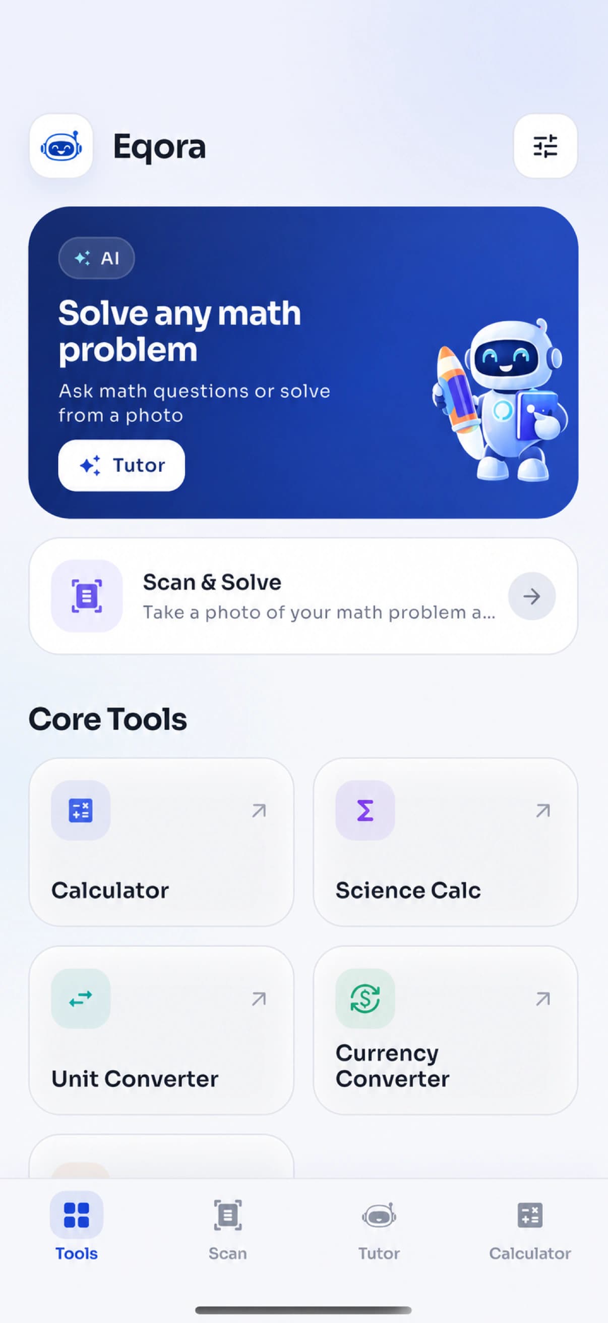 Eqora iPhone home screen with Scan and Solve, calculator, science calculator, and converters