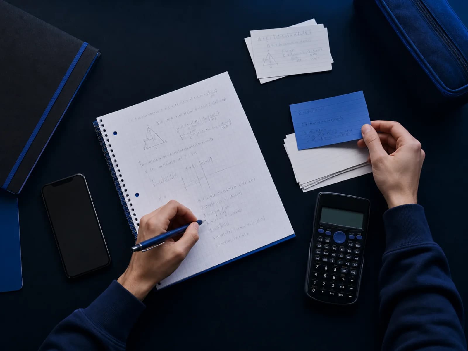 Overhead mathematics study desk with notebook, flashcards, calculator, and phone