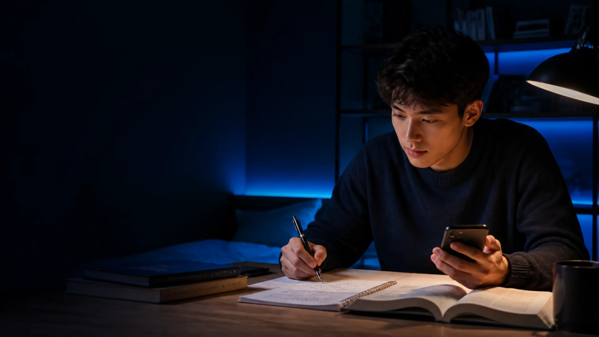 Student using a phone as a math study aid during an evening homework session