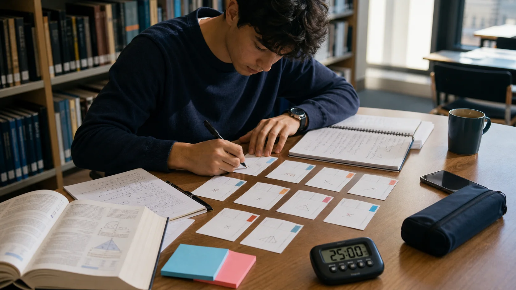 Student organizing high school mathematics exam revision with active recall cards