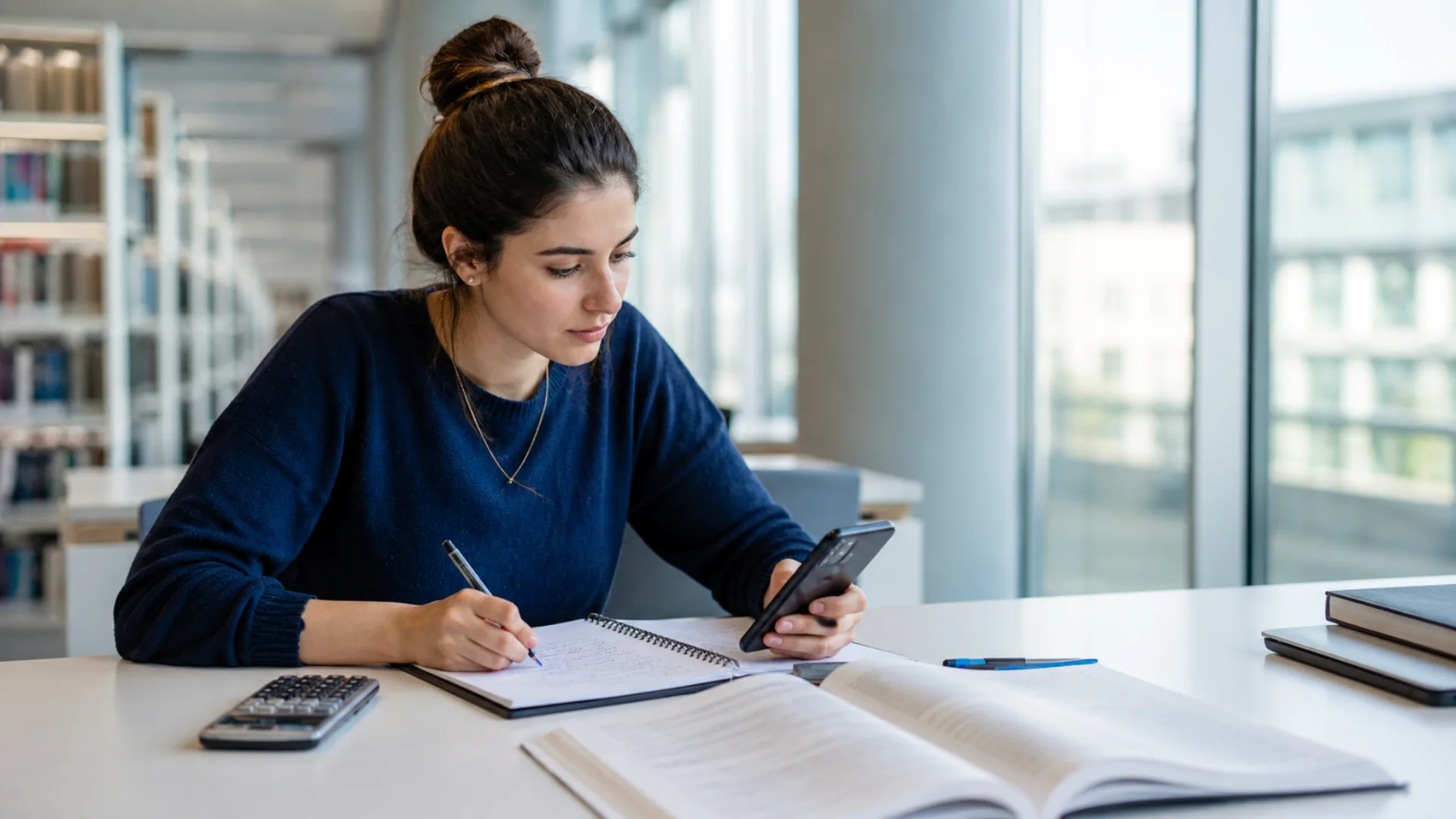 Student preparing for a math exam with a notebook, textbook, calculator, and phone
