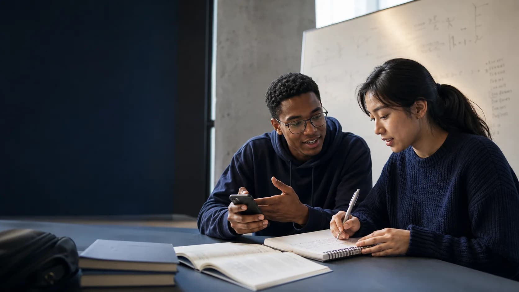 Two students discussing a difficult math step with a phone and notebook