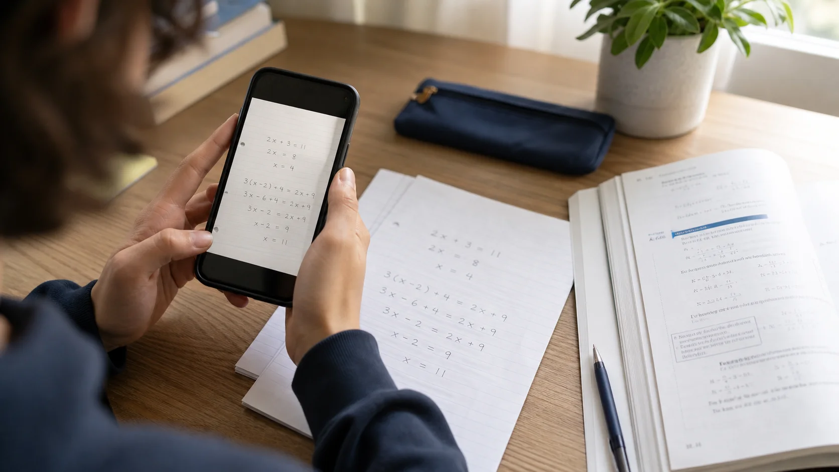 Student using a phone to scan a handwritten algebra problem