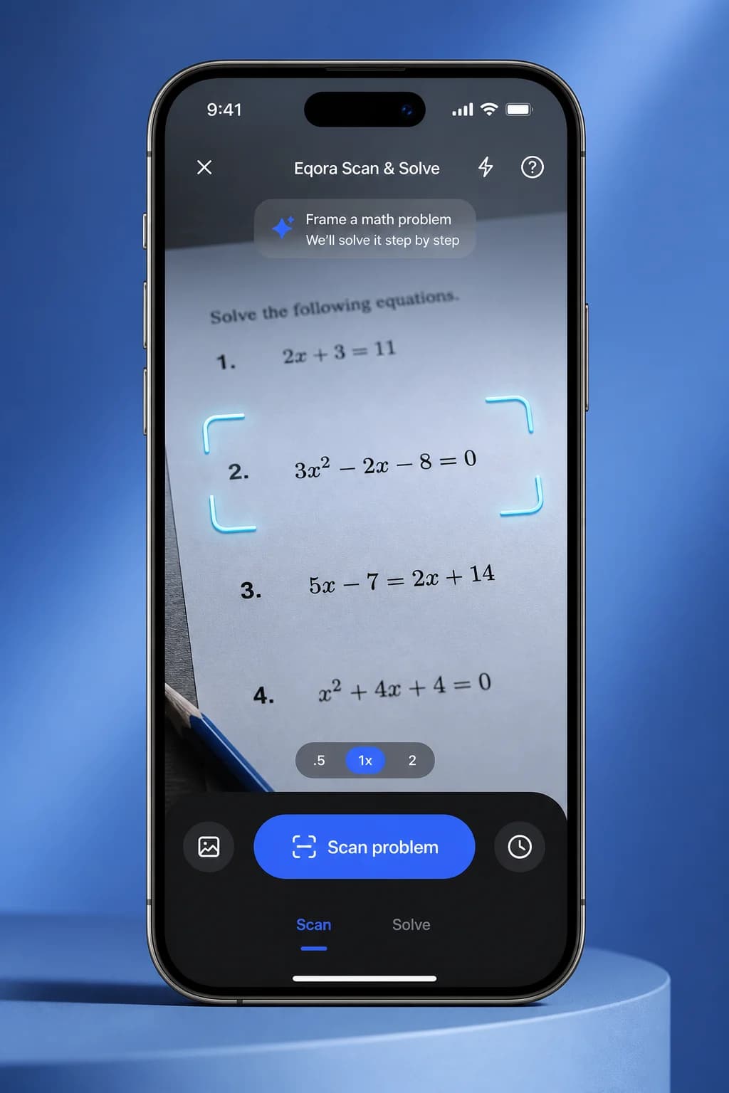 Eqora Scan and Solve framing a quadratic equation