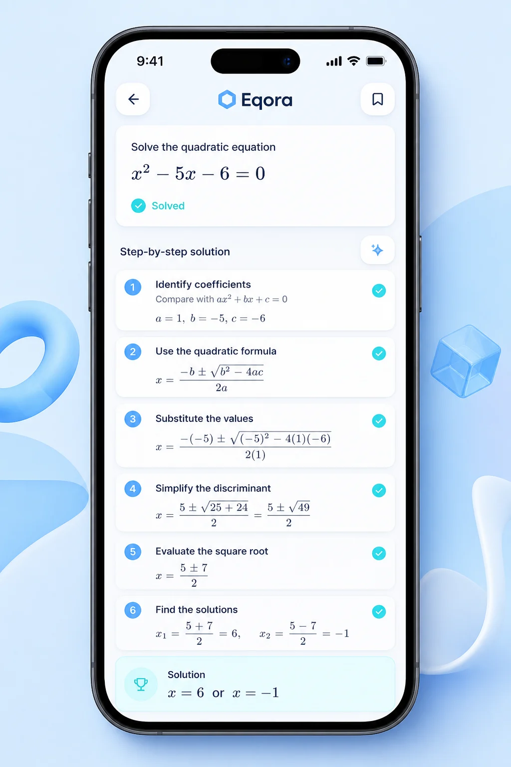 Eqora showing a complete step-by-step quadratic solution