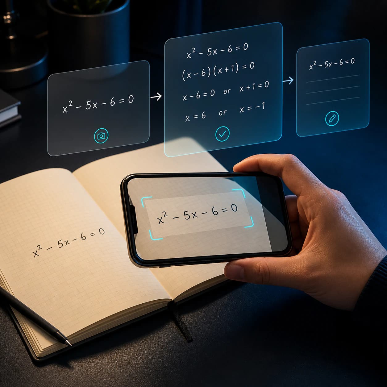 Eqora photo math solver scanning a quadratic equation and showing step-by-step Math AI homework help
